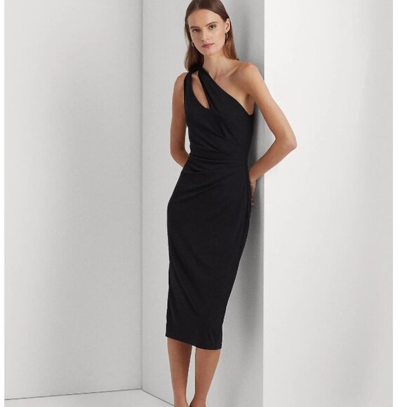 Lauren Ralph Lauren LBD One Shoulder Cutout Midi Sheath Dress - Size 16 - Picture 1 of 12